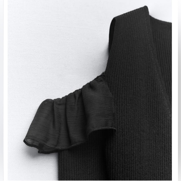 Zara cold shoulder ruffle ribbed knit black v-neck cardigan tie front size small - Picture 7 of 16